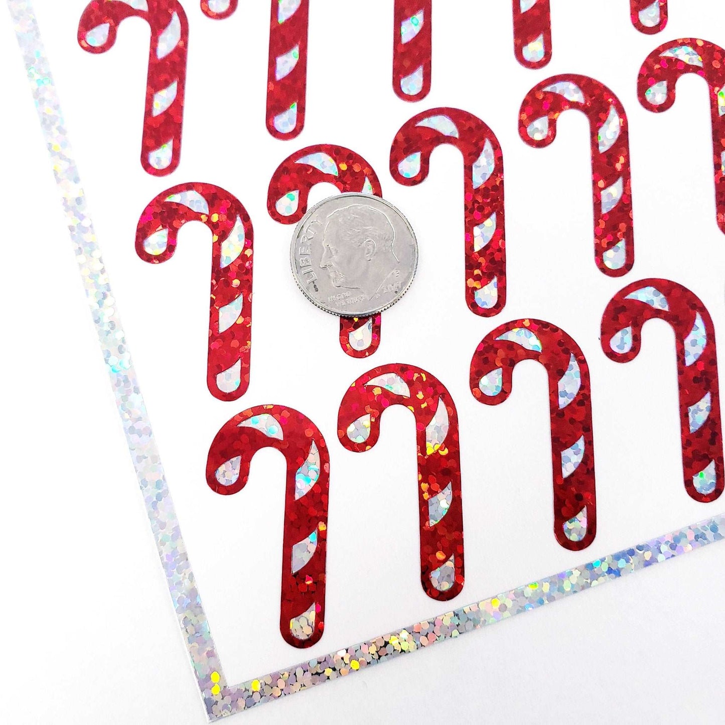 Candy Cane Stickers, set of 30 sparkly Christmas peppermint stickers for holiday cards, ornaments, advent calendars and gift tags and wrap.