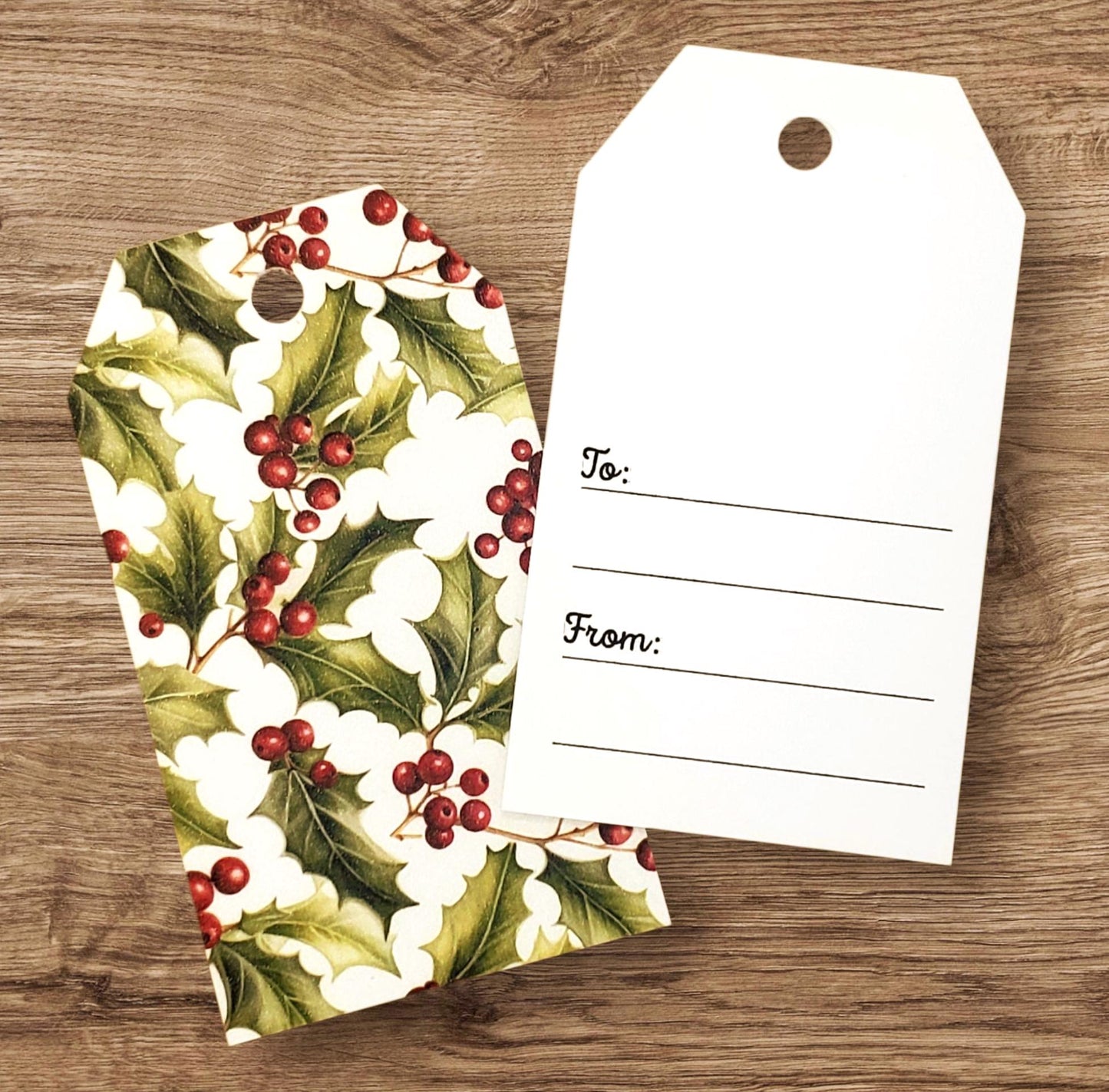 Christmas Holly Gift Tags, Double-Sided Favor Bag Tags, Printed Cardstock Holiday Labels for Hostess Gifts, set of 12