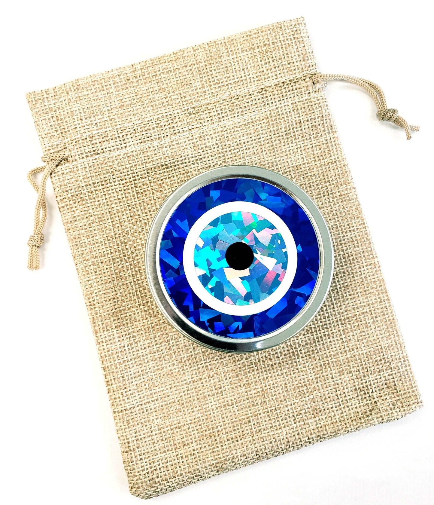 Evil Eye Box, Turkish Nazar blue evil eye round tin container for jewelry and charms, protective amulet good karma