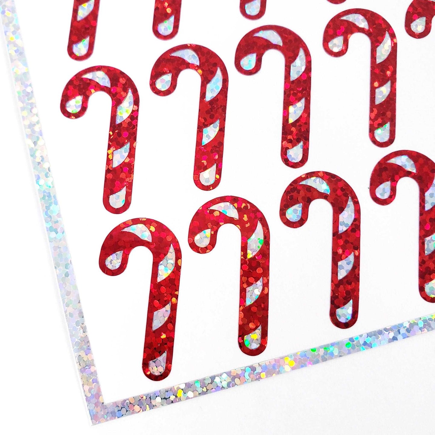Candy Cane Stickers, set of 30 sparkly Christmas peppermint stickers for holiday cards, ornaments, advent calendars and gift tags and wrap.