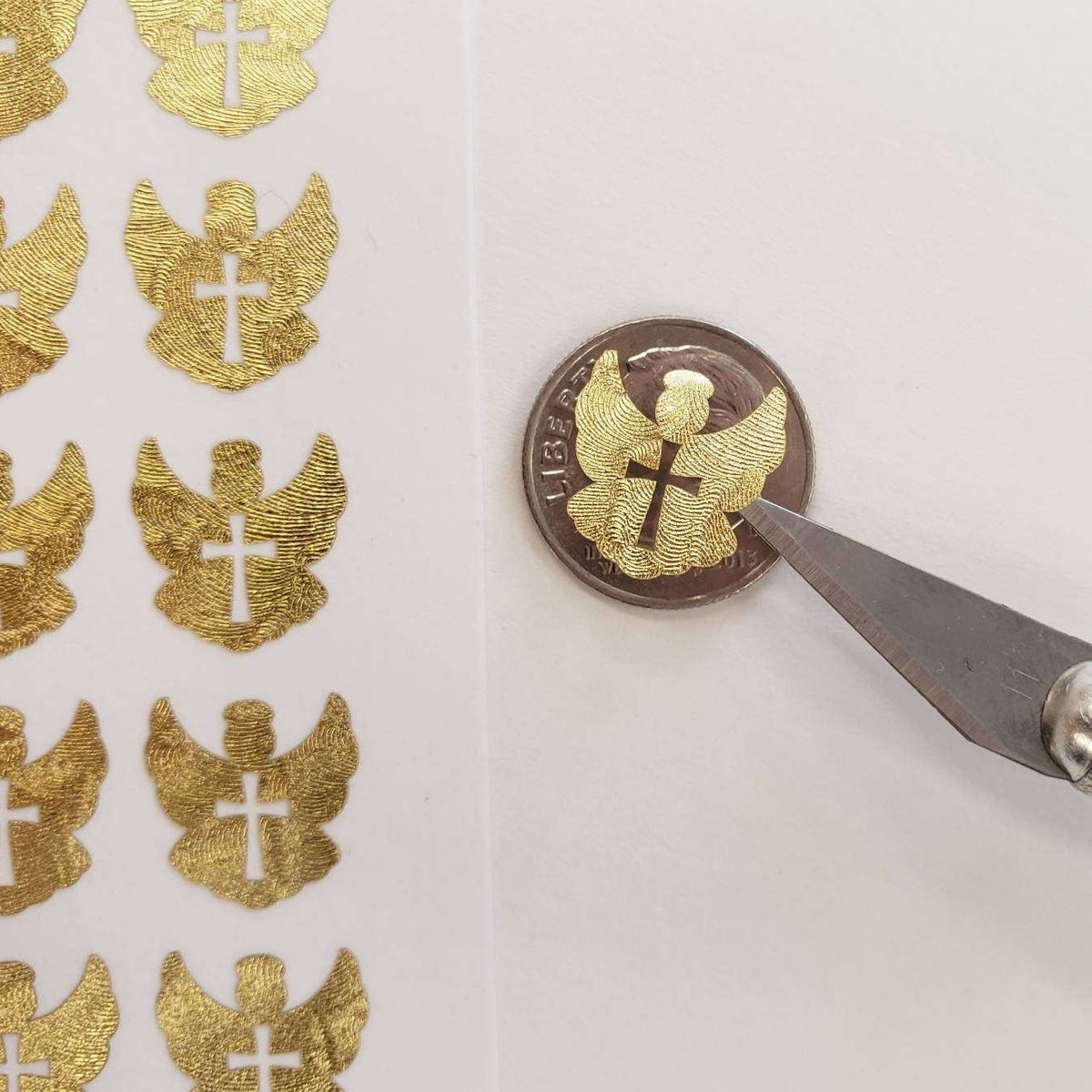 Angel Stickers, gold metallic vinyl decals, small angel labels for envelopes, baby baptism christening, funeral memorial, Christian stickers