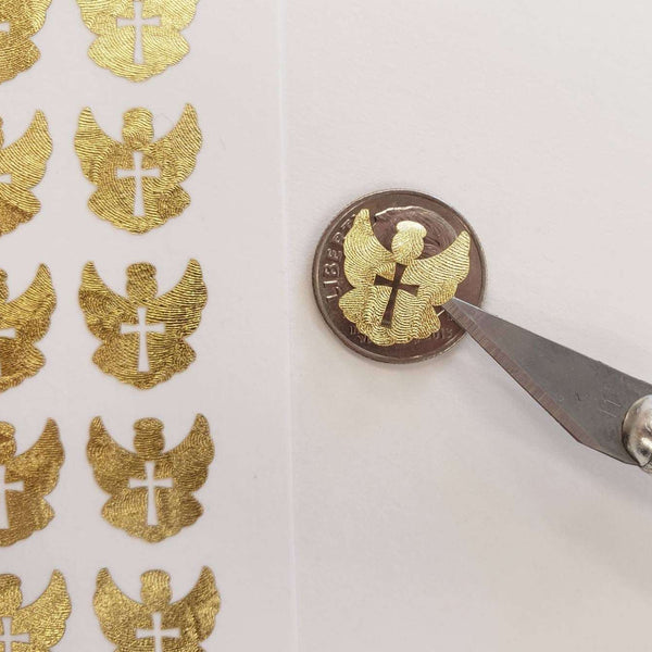 Angel Stickers, gold metallic vinyl decals, small angel labels for envelopes, baby baptism christening, funeral memorial, Christian stickers