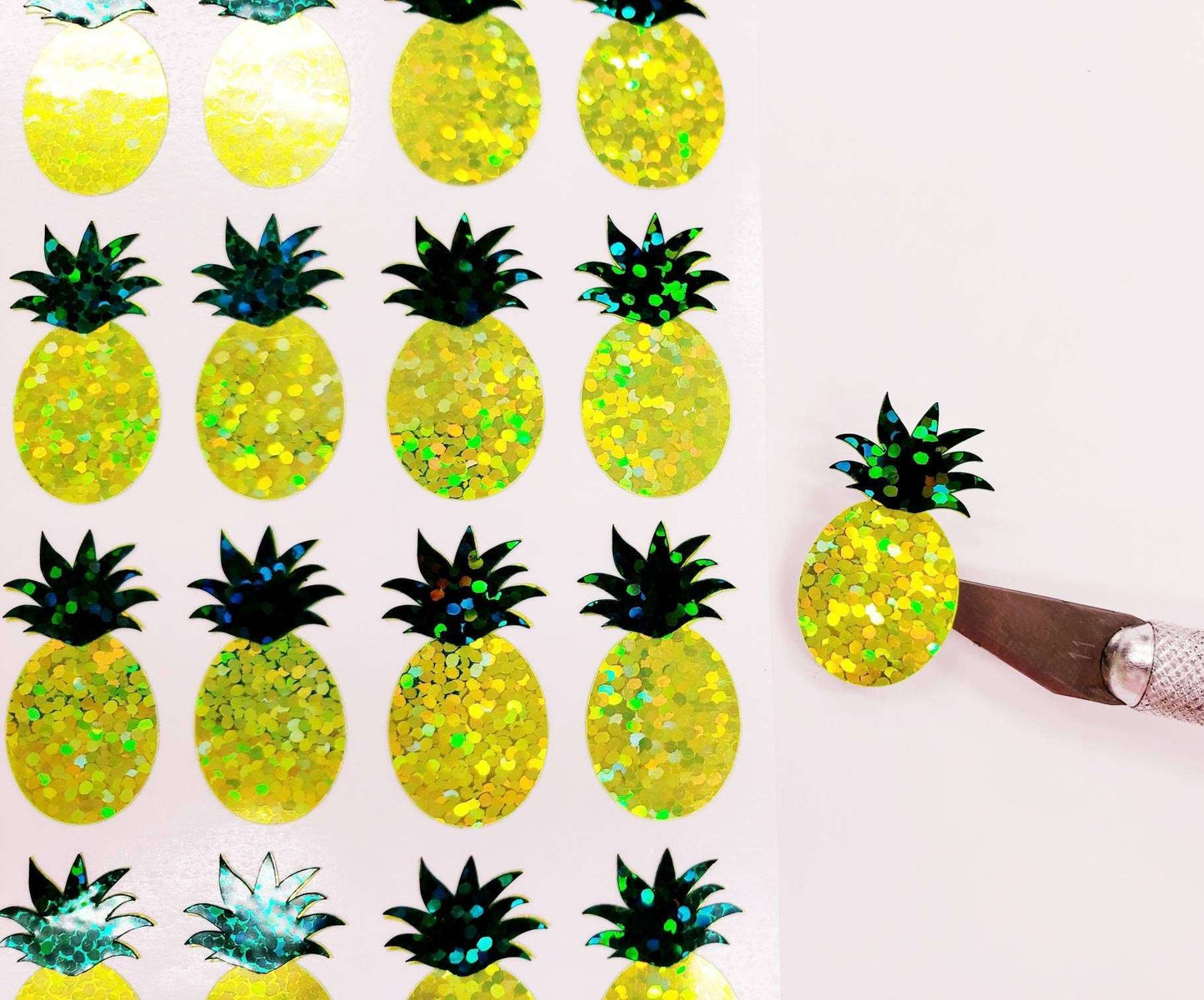 Pineapple Stickers, set of 30 tropical fruit vinyl decals, yellow and green sparkly pineapple drink cup stickers, summer pool party stickers