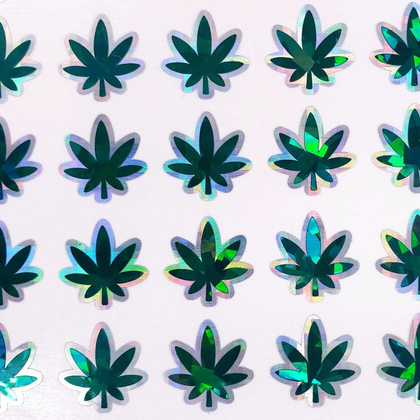 Pot Leaf Stickers, set of 30 dark green & silver sparkle cannabis leaf decals, pot leaf warning container label