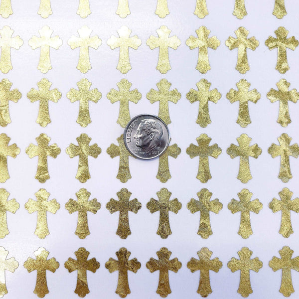 Gold Christian Cross Stickers, set of 50 or 100 gold crosses, fancy cross design, religious vinyl decals, decorative gold cross stickers