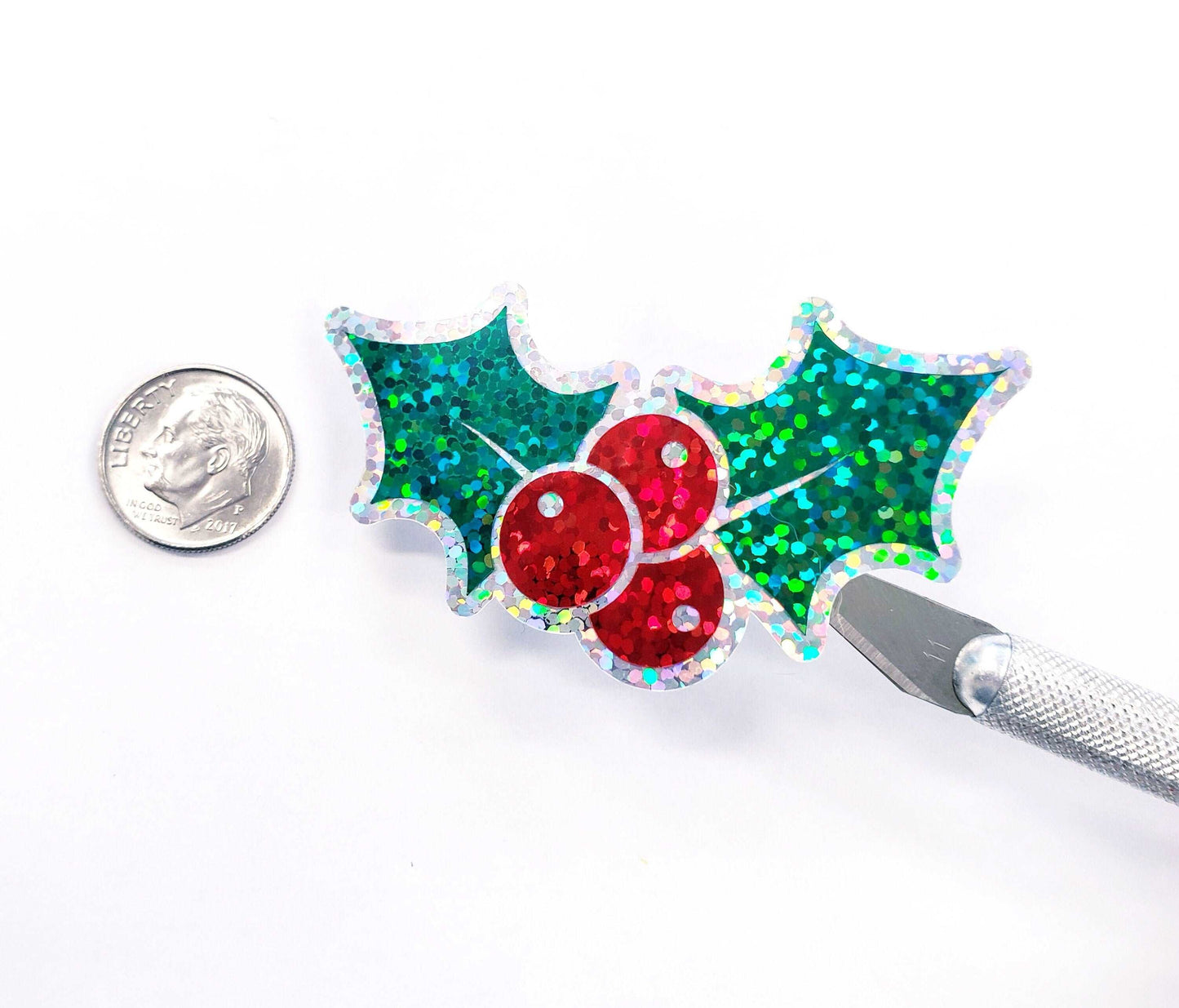 Holly Berry Stickers, Christmas Decals, set of 12 vinyl glitter stickers holiday party decor, disposable drink cup decals, tiered tray signs