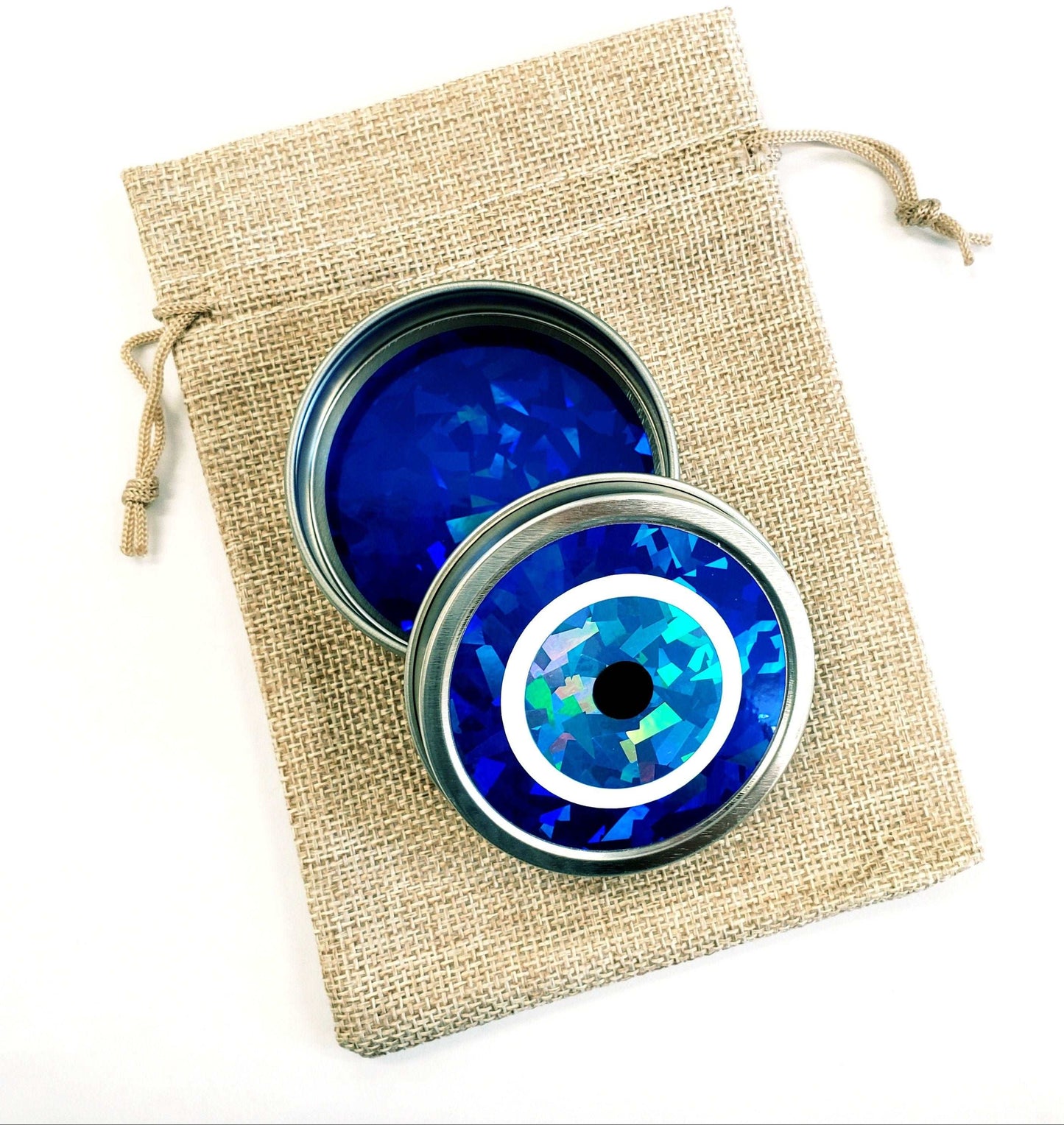 Evil Eye Box, Turkish Nazar blue evil eye round tin container for jewelry and charms, protective amulet good karma