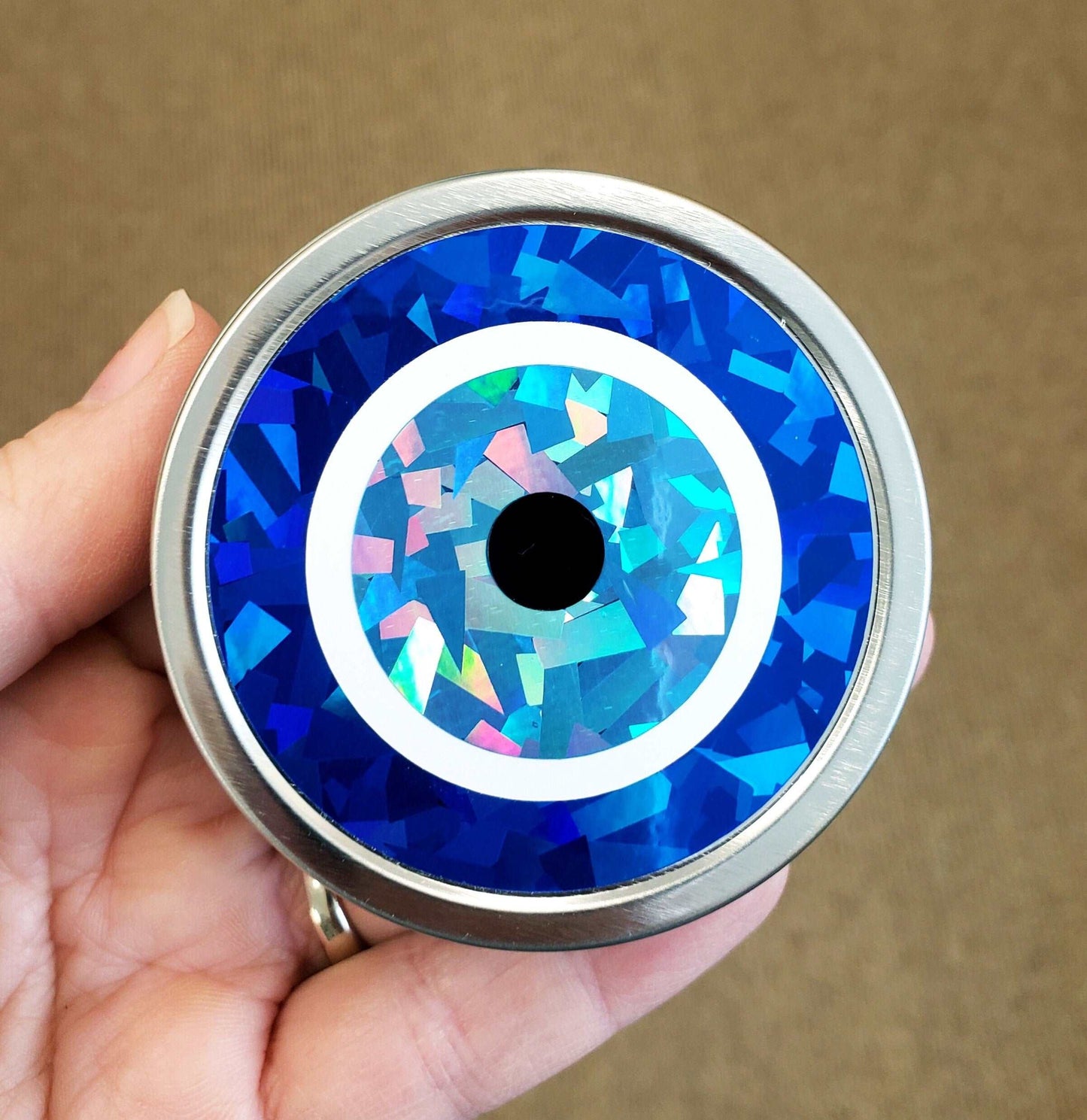 Evil Eye Box, Turkish Nazar blue evil eye round tin container for jewelry and charms, protective amulet good karma