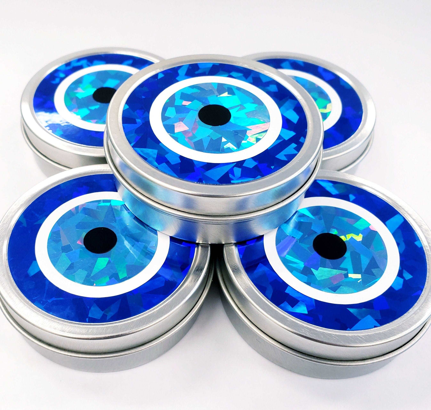 Evil Eye Box, Turkish Nazar blue evil eye round tin container for jewelry and charms, protective amulet good karma
