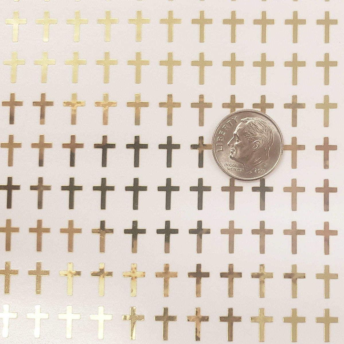 Extra Small Cross Stickers, set of 200 mirror gold religious crosses for envelopes, bible study, church group, block style, gold cross decal