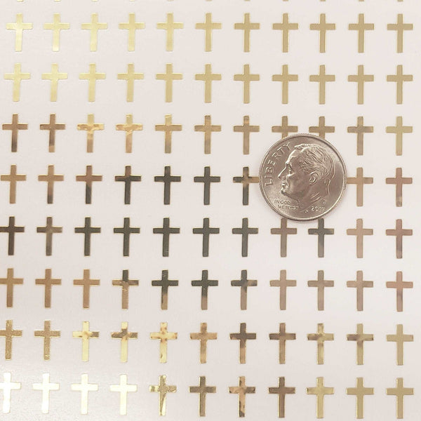 Extra Small Cross Stickers, set of 200 mirror gold religious crosses for envelopes, bible study, church group, block style, gold cross decal