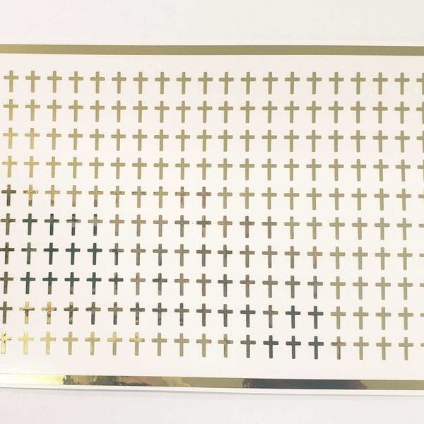 Extra Small Cross Stickers, set of 200 mirror gold religious crosses for envelopes, bible study, church group, block style, gold cross decal