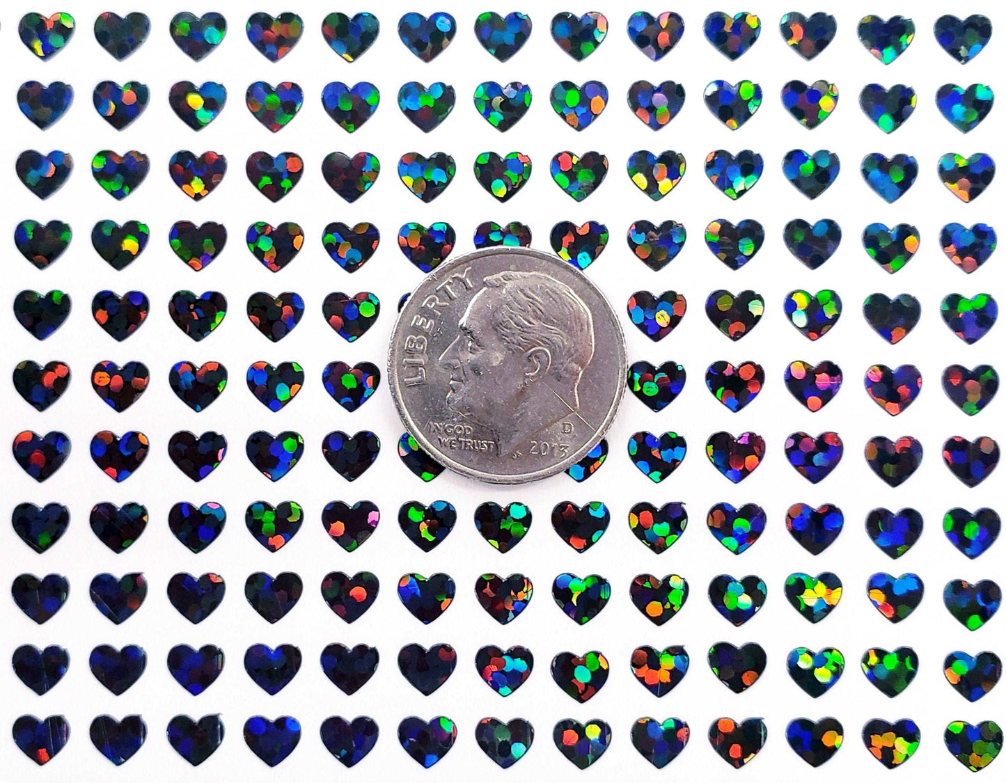 Heart Stickers, set of 640 extra small black glitter holo deco stickers for journals, notebooks, toploader card sleeves and planners.