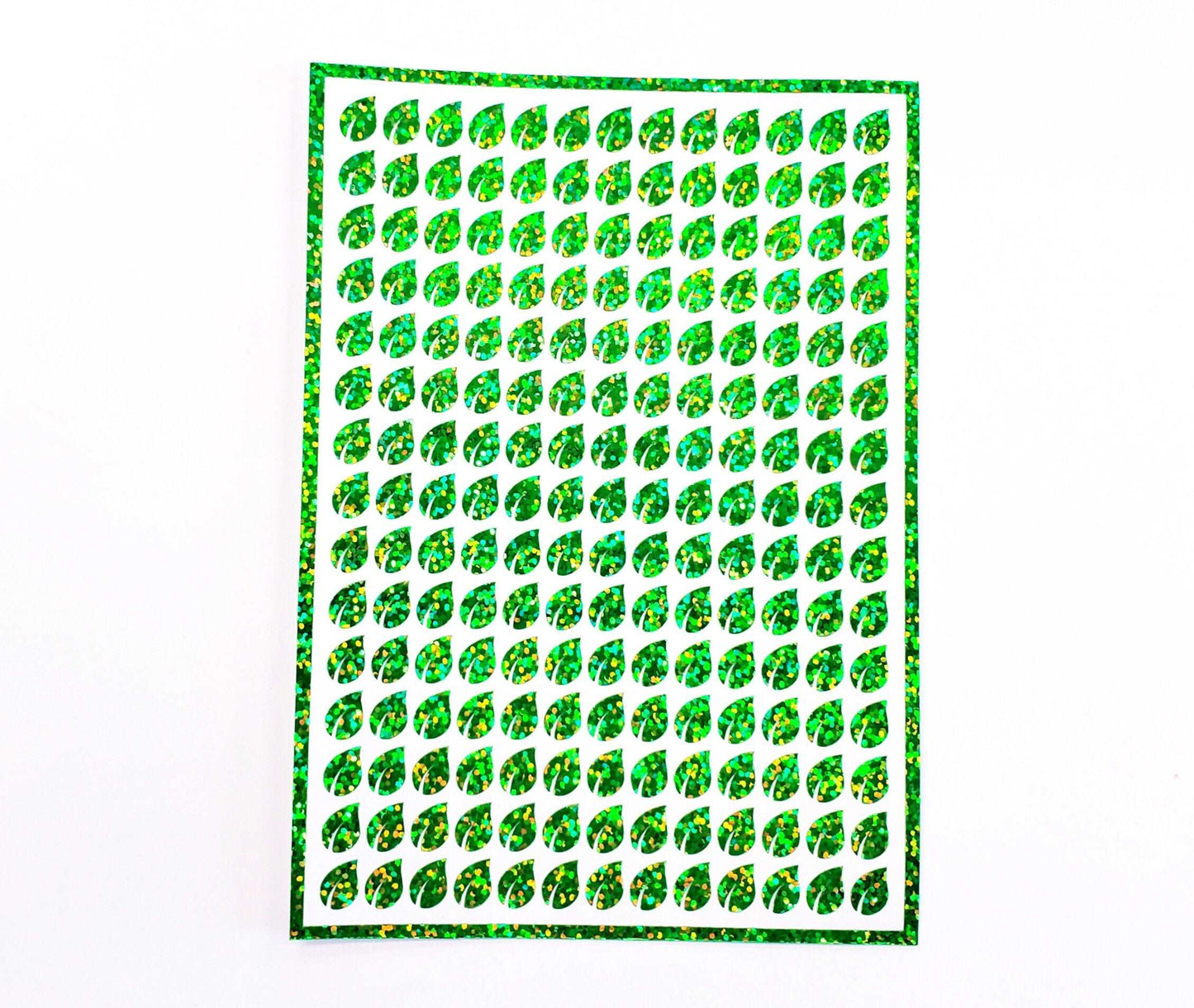 Leaf Mini Stickies, set of 195 sparkly bright green tiny leaf decals.