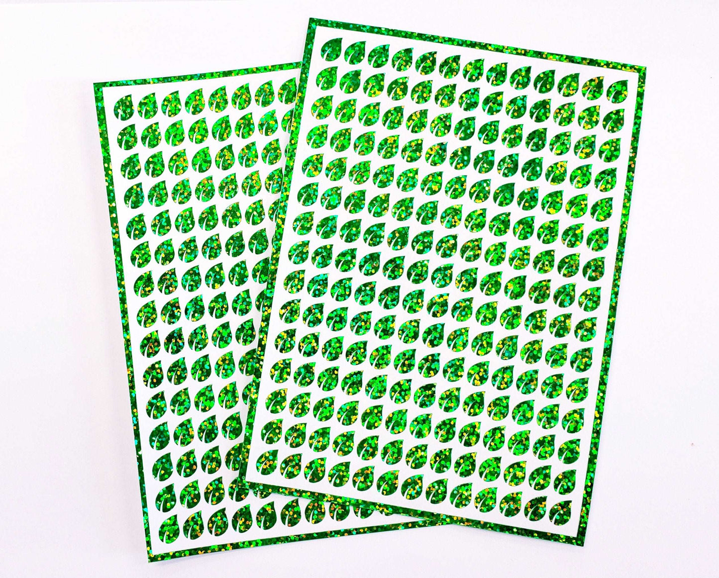 Leaf Mini Stickies, set of 195 sparkly bright green tiny leaf decals.