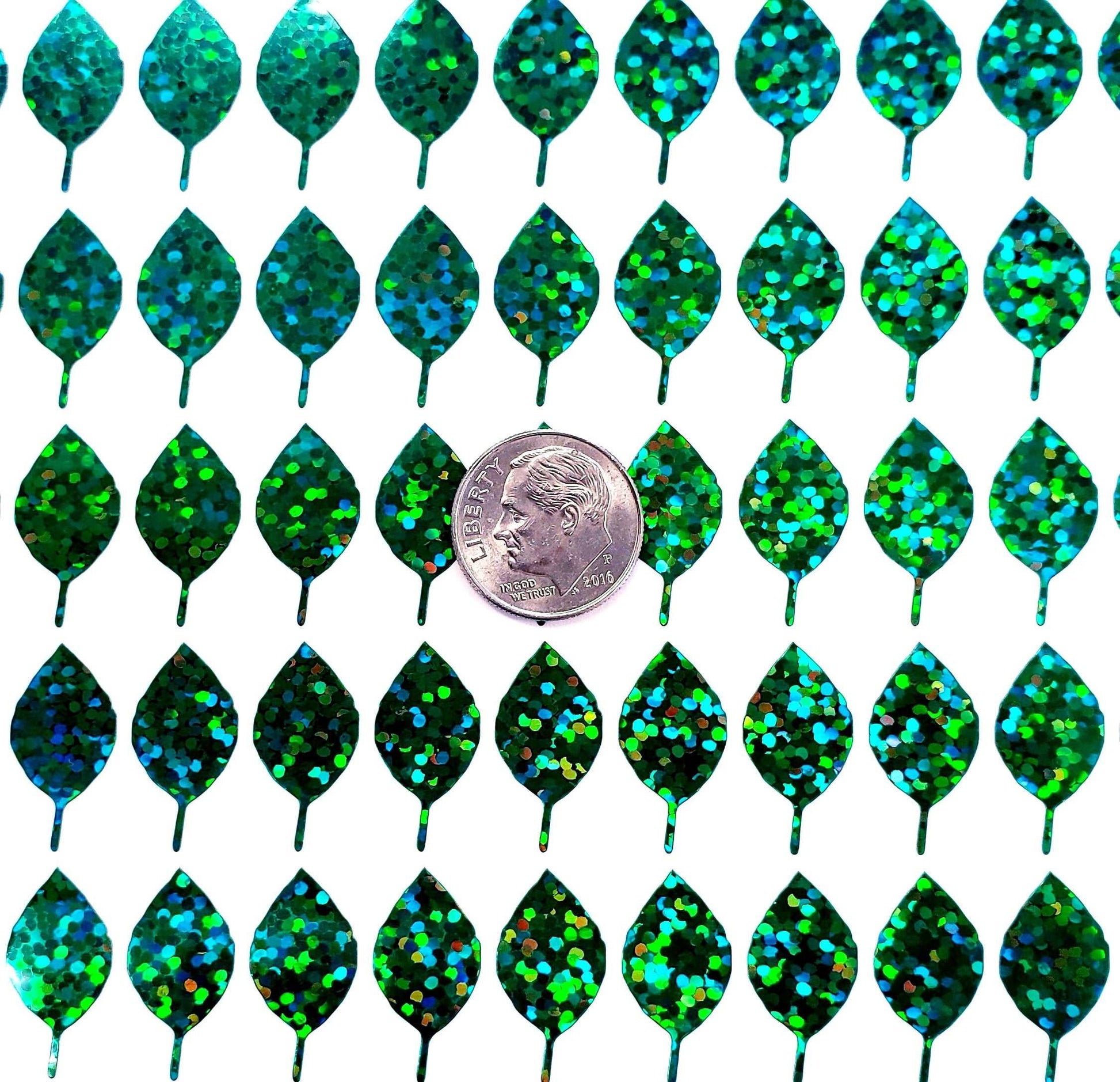 Leaf Stickers, set of 50 or 100 sparkly small green leaf decals for invitations, envelopes, place cards and scrapbooks.