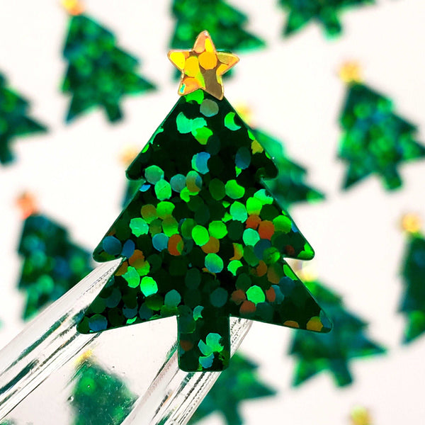 Christmas Trees Sticker Sheet, set of 50 Evergreen Pine Tree with gold star decorative stickers for ornaments, holiday cards and gift tags.