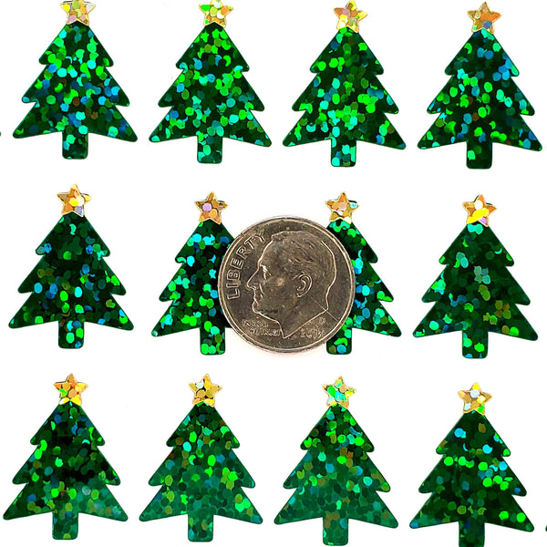 Christmas Trees Sticker Sheet, set of 50 Evergreen Pine Tree with gold star decorative stickers for ornaments, holiday cards and gift tags.