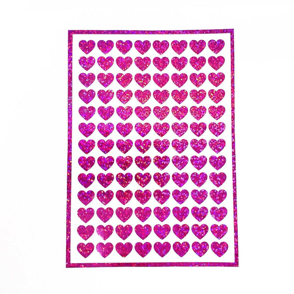 Pink Hearts Sticker Sheet. Set of 104 sparkly vinyl heart decals for planners, notebooks, journals, charts and crafts. Half inch hearts.