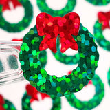 Christmas Wreath Stickers, set of 48 small glitter green wreath vinyl decals for holiday card envelopes, ornaments, gift tags and crafts.