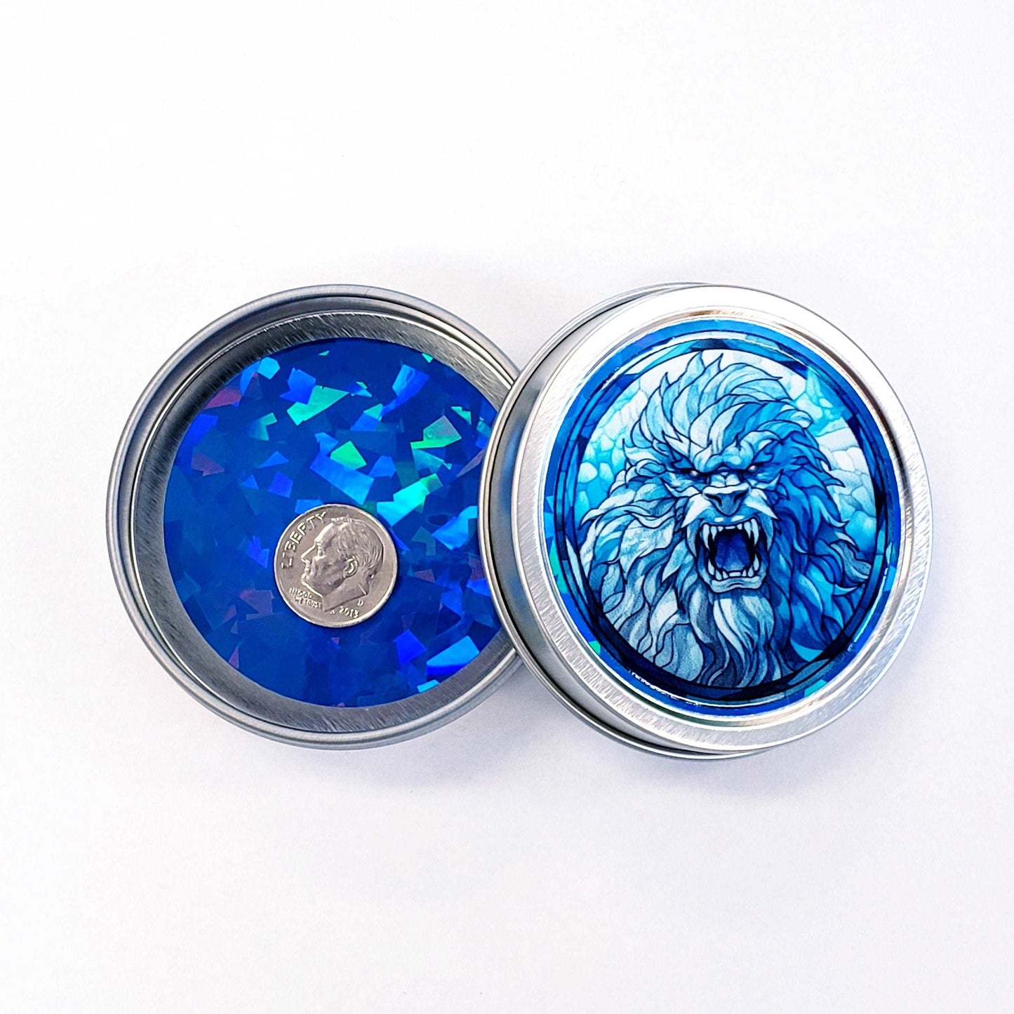 Abominable Snowman Gift. Small round metal container with blue yeti snow monster graphics. Mystical Creature gift for him. Stocking Stuffer.