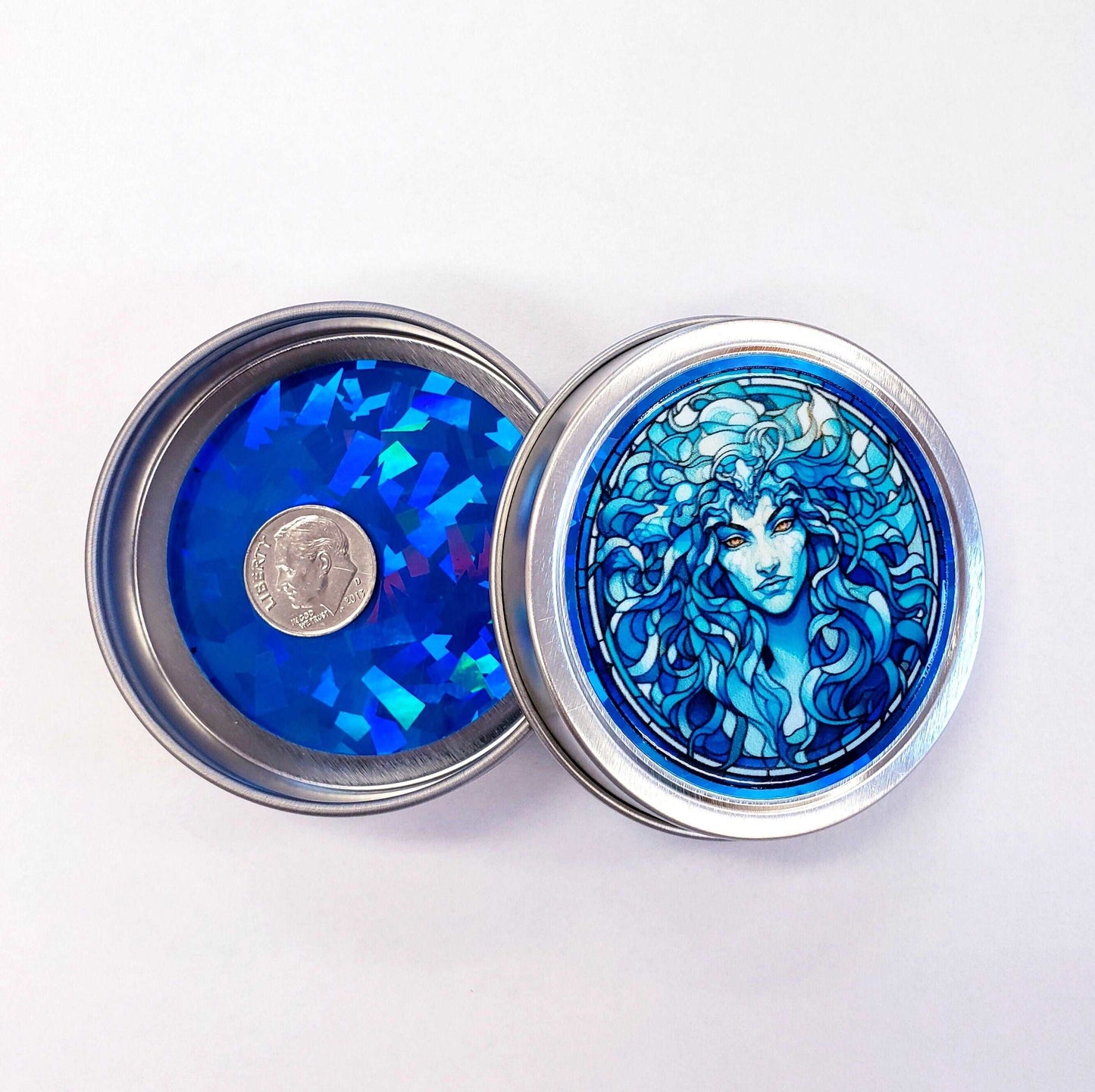 Medusa Gift Container. Small round metal tin with Medusa the mythological Greek goddess in blue graphics. Stocking Stuffer gift for her.