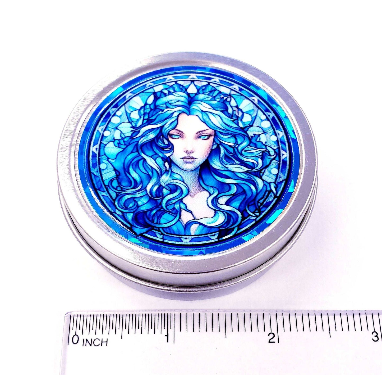 Goddess Gift Container. Small round metal tin with beautiful siren in blue graphics. Stocking Stuffer gift for her.