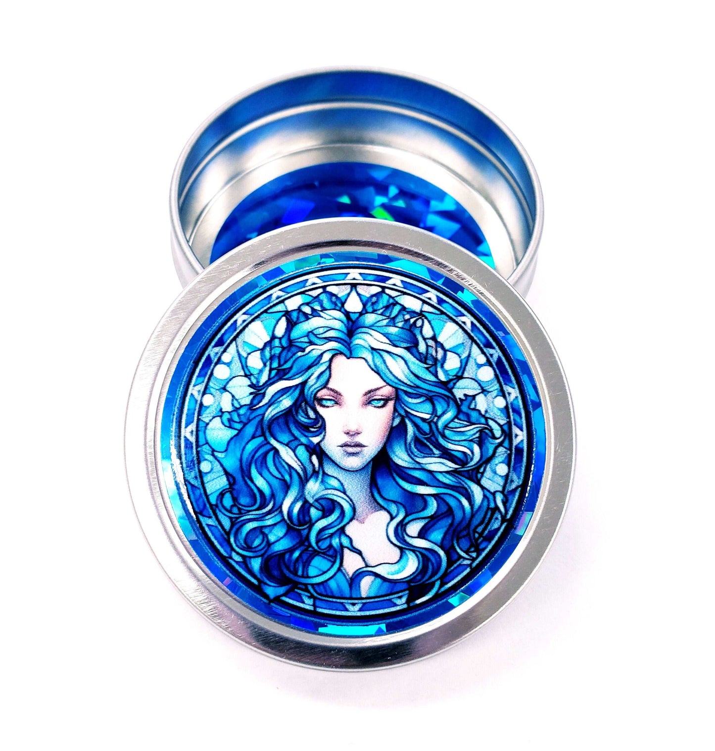 Goddess Gift Container. Small round metal tin with beautiful siren in blue graphics. Stocking Stuffer gift for her.