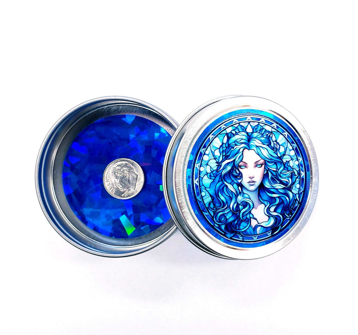 Goddess Gift Container. Small round metal tin with beautiful siren in blue graphics. Stocking Stuffer gift for her.