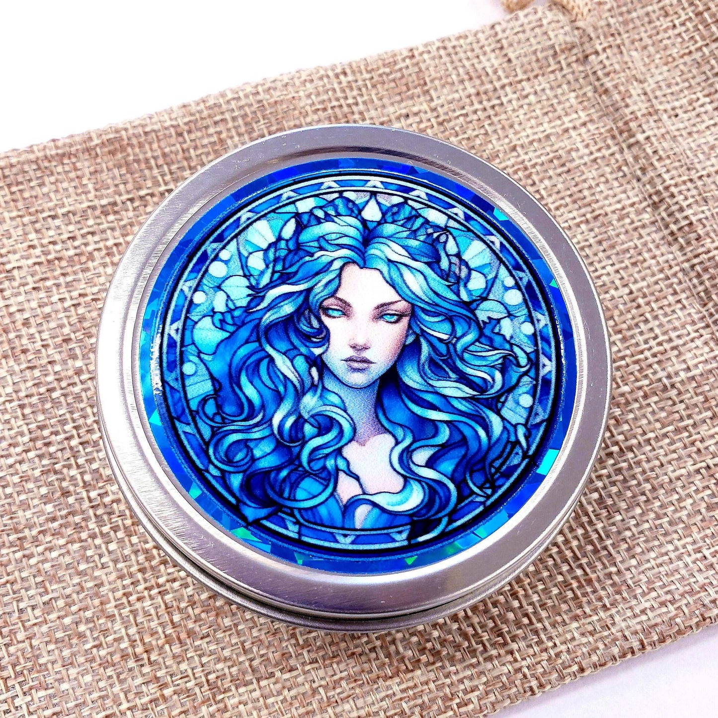 Goddess Gift Container. Small round metal tin with beautiful siren in blue graphics. Stocking Stuffer gift for her.