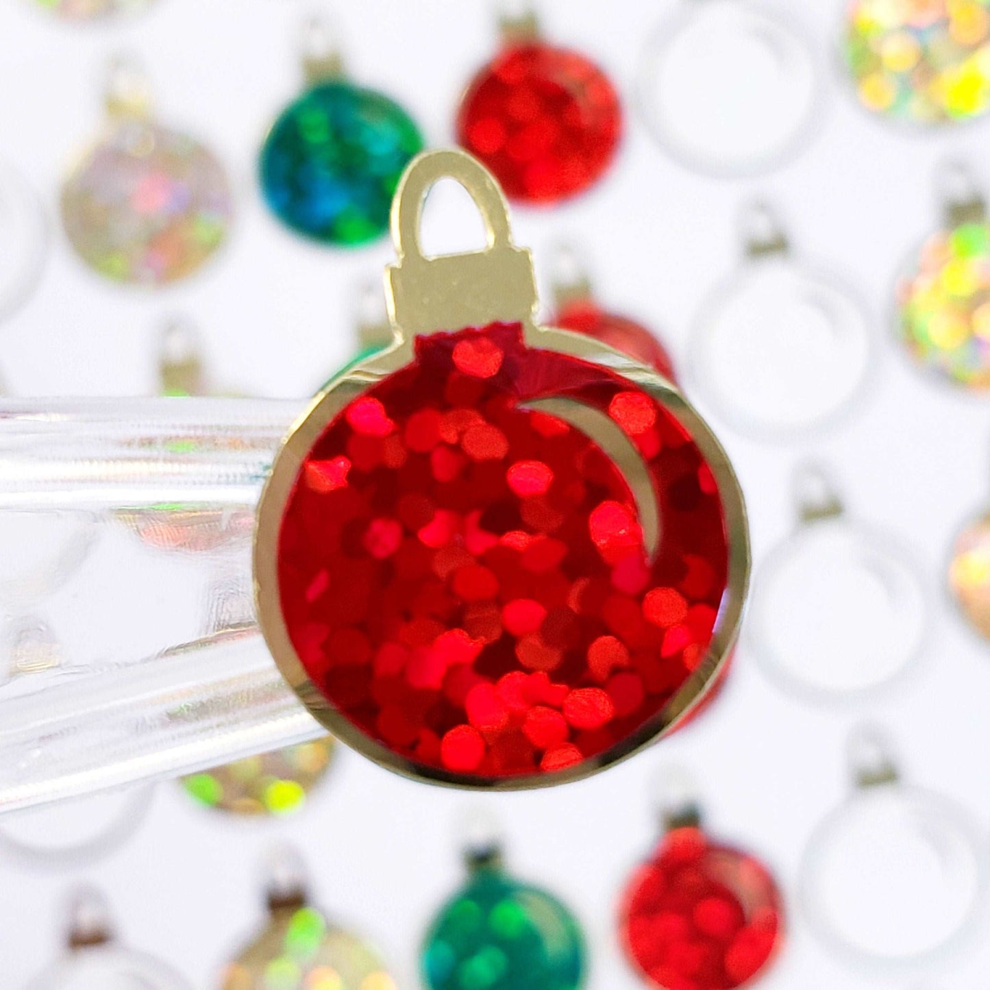 Christmas Ball Ornaments Sticker Sheet. Set of 64 small red green and gold vinyl decals for holiday cards, gift tags and advent calendars