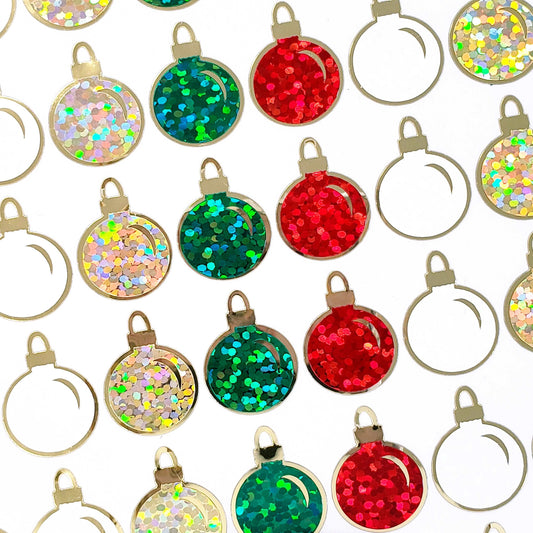 Christmas Ball Ornaments Sticker Sheet. Set of 64 small red green and gold vinyl decals for holiday cards, gift tags and advent calendars
