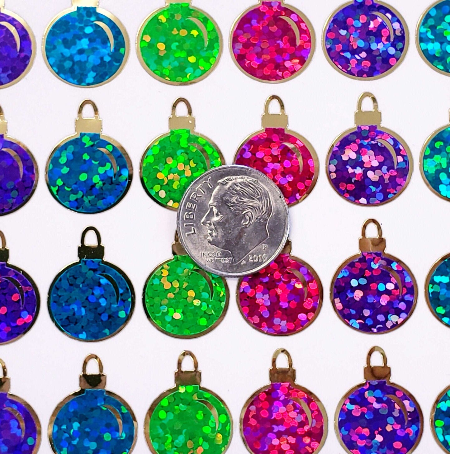 Christmas Ball Ornaments Sticker Sheet. Set of 64 small bright color balls with gold, vinyl decals for cards, gift tags and advent calendars