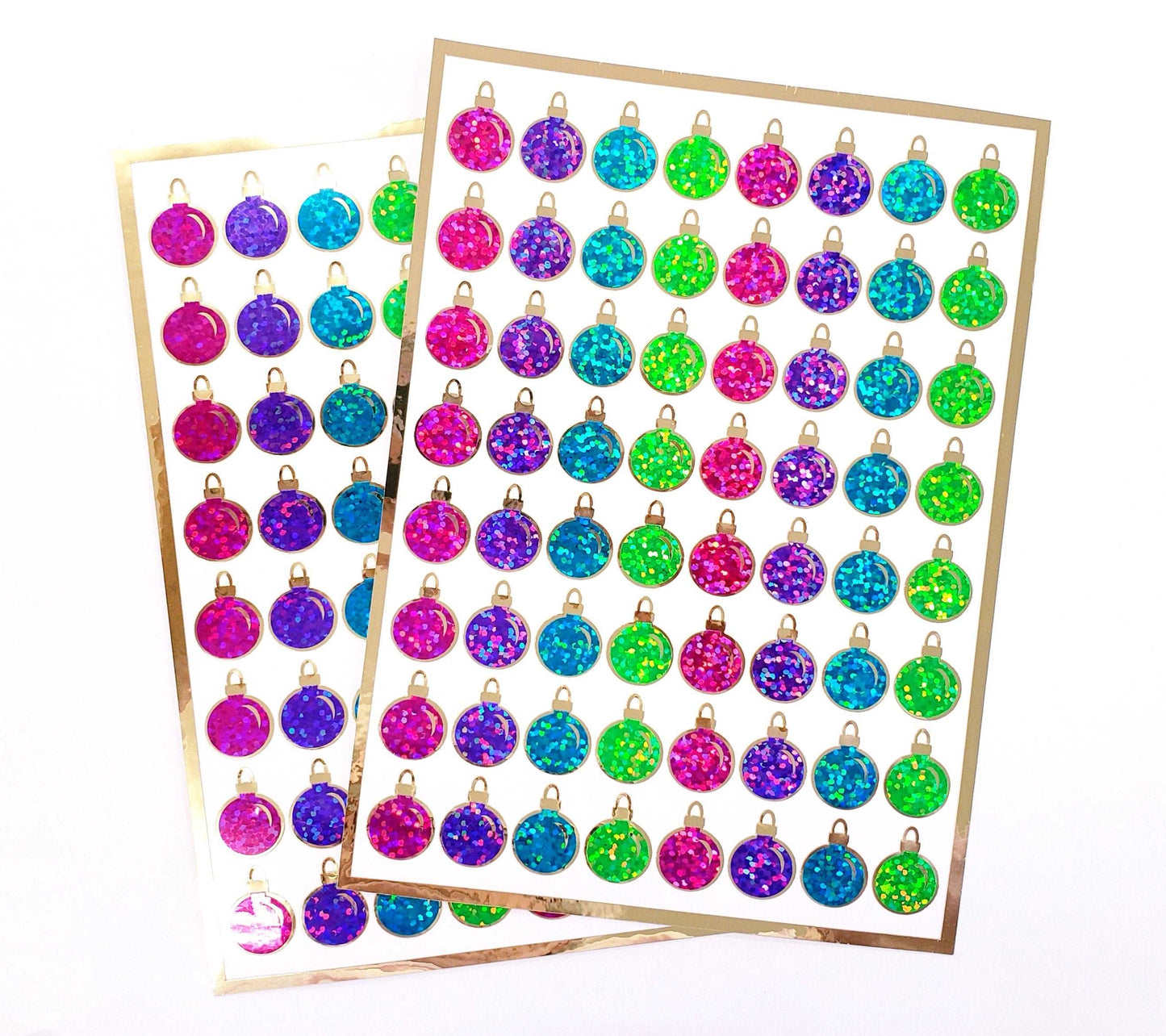 Christmas Ball Ornaments Sticker Sheet. Set of 64 small bright color balls with gold, vinyl decals for cards, gift tags and advent calendars