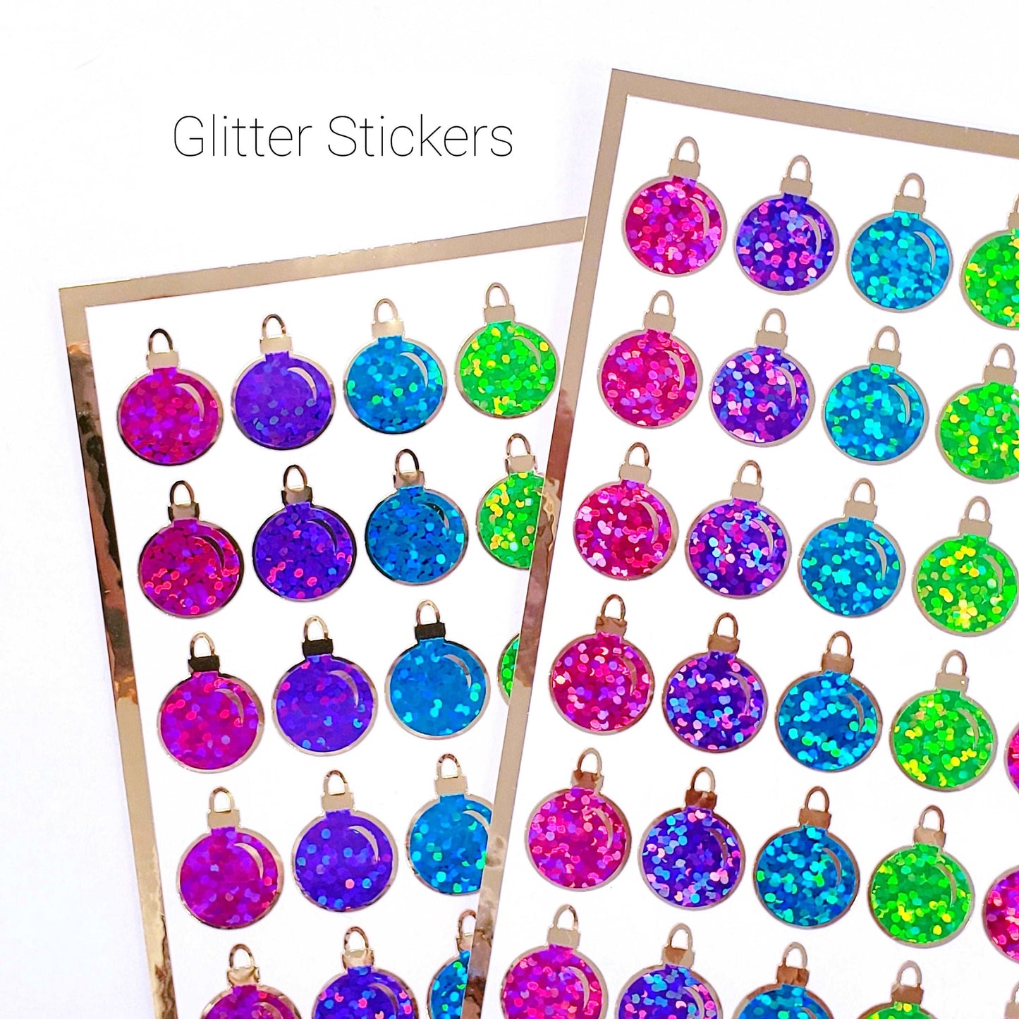 Christmas Ball Ornaments Sticker Sheet. Set of 64 small bright color balls with gold, vinyl decals for cards, gift tags and advent calendars