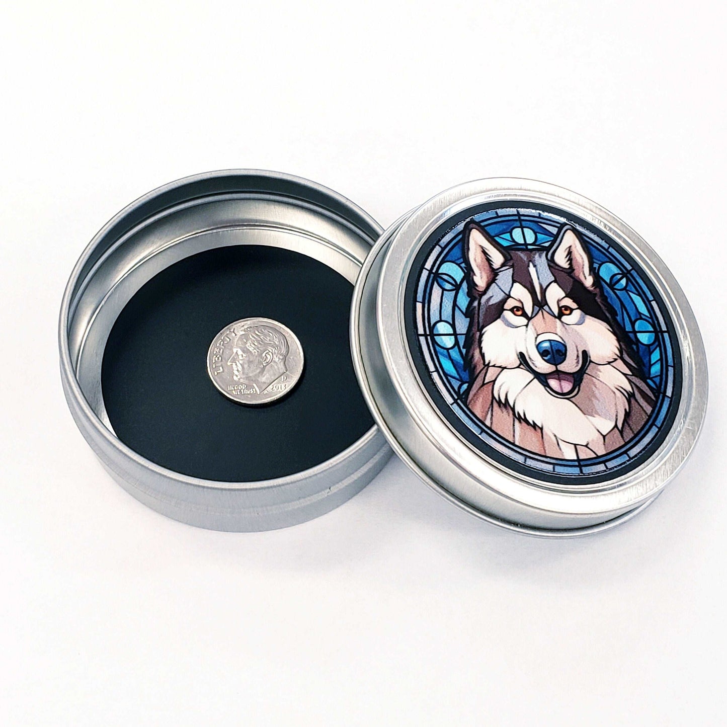 Alaskan Malamute Gift Tin. Small round metal trinket container with husky dog graphics. Stocking Stuffer. Guitar Pick holder. Mints tin.
