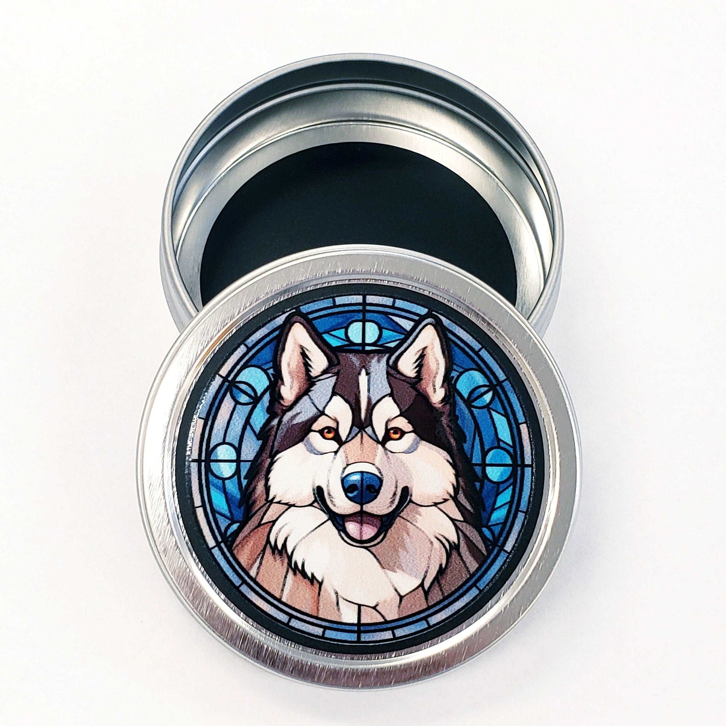 Alaskan Malamute Gift Tin. Small round metal trinket container with husky dog graphics. Stocking Stuffer. Guitar Pick holder. Mints tin.