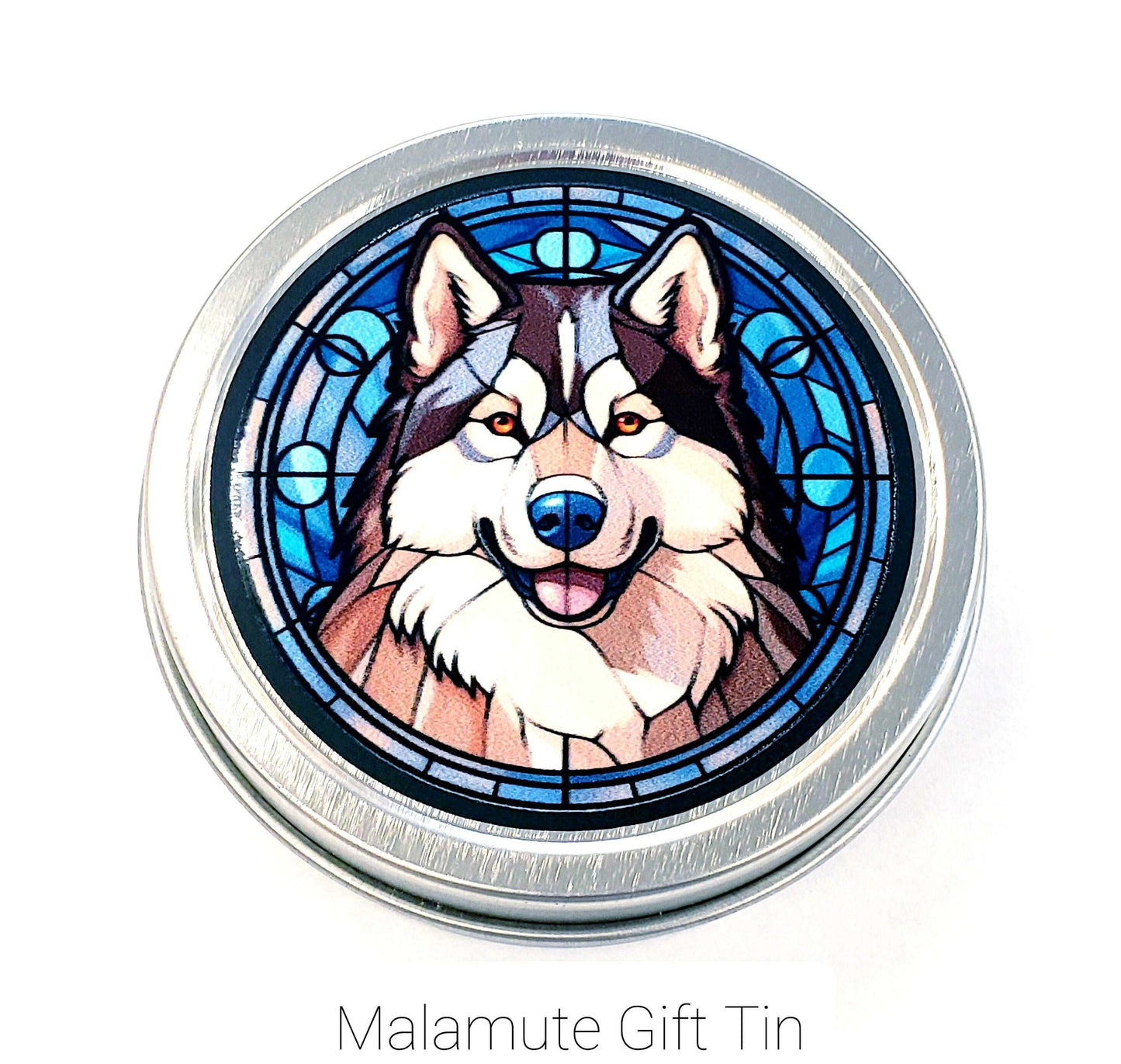 Alaskan Malamute Gift Tin. Small round metal trinket container with husky dog graphics. Stocking Stuffer. Guitar Pick holder. Mints tin.