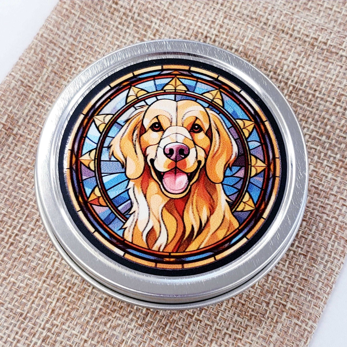 Golden Retriever Gift Tin. Small round metal trinket container with golden dog graphics. Stocking Stuffer. Guitar Pick holder. Mints tin.