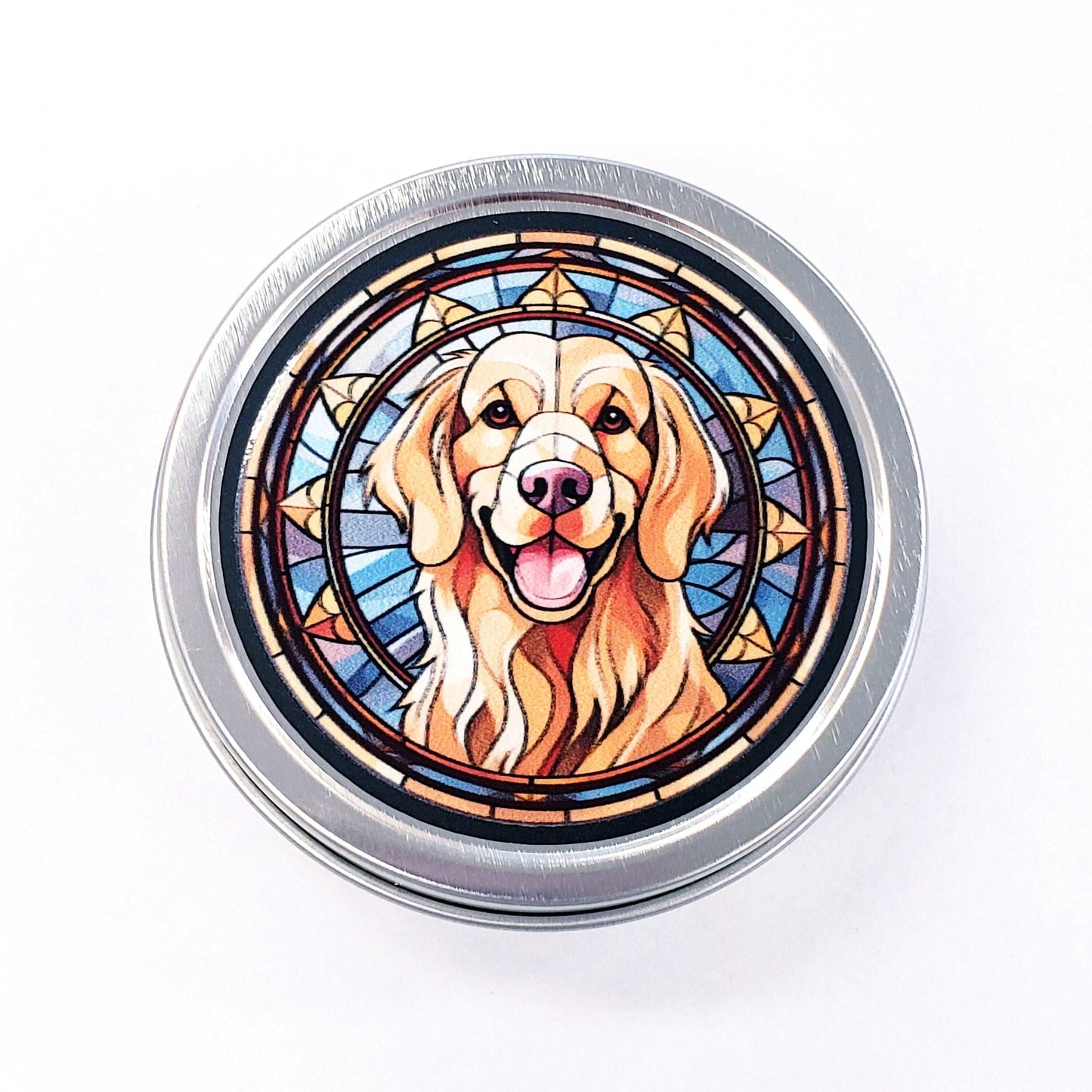 Golden Retriever Gift Tin. Small round metal trinket container with golden dog graphics. Stocking Stuffer. Guitar Pick holder. Mints tin.