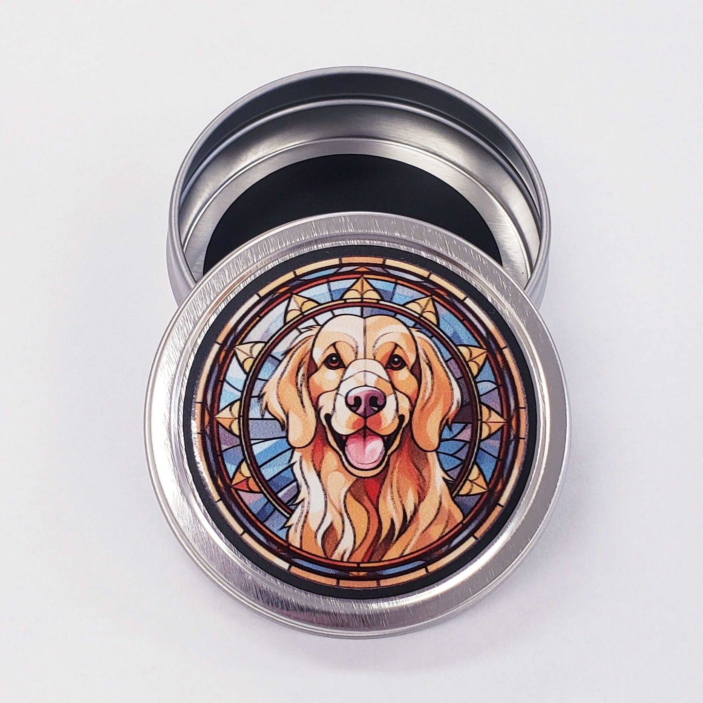 Golden Retriever Gift Tin. Small round metal trinket container with golden dog graphics. Stocking Stuffer. Guitar Pick holder. Mints tin.