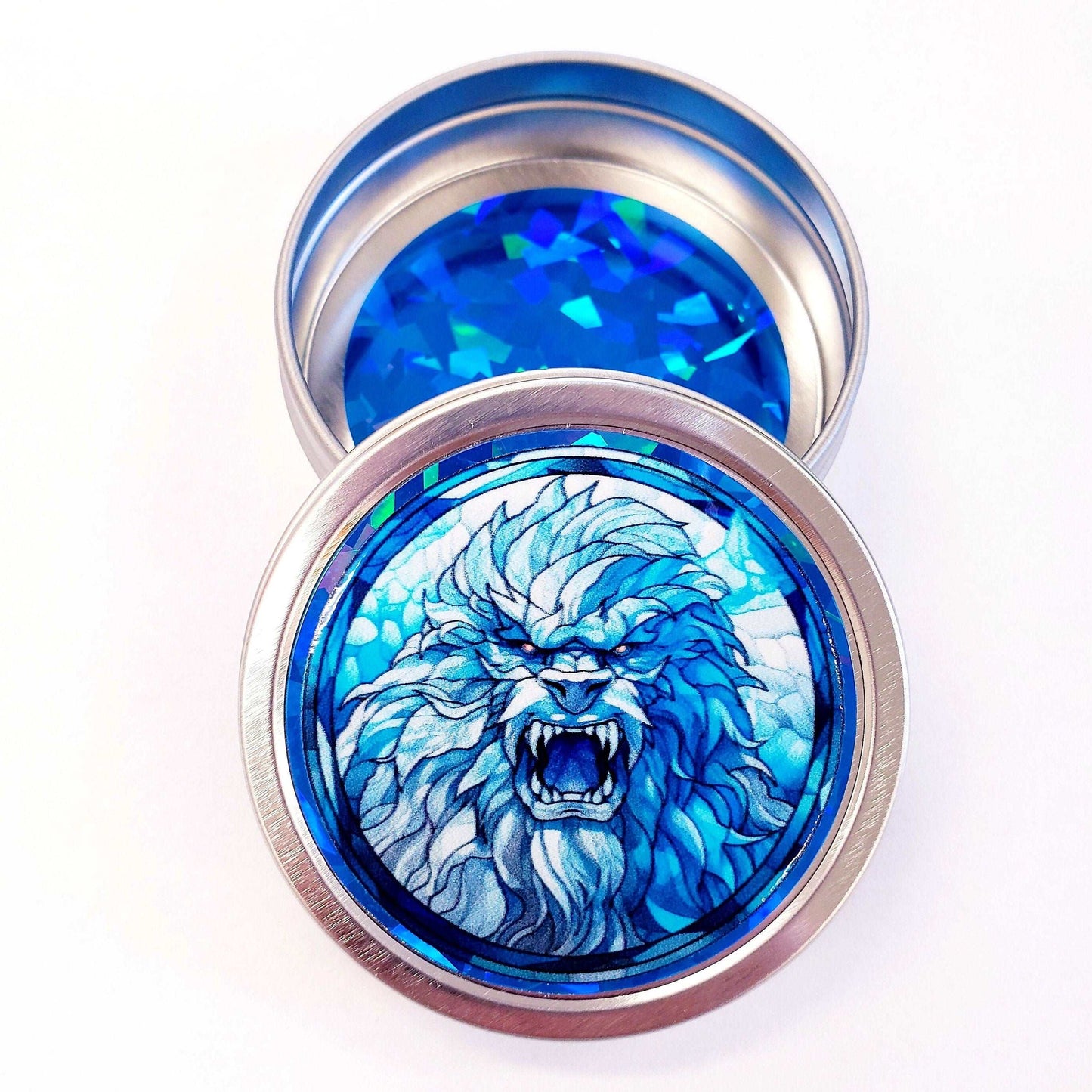 Abominable Snowman Gift. Small round metal container with blue yeti snow monster graphics. Mystical Creature gift for him. Stocking Stuffer.
