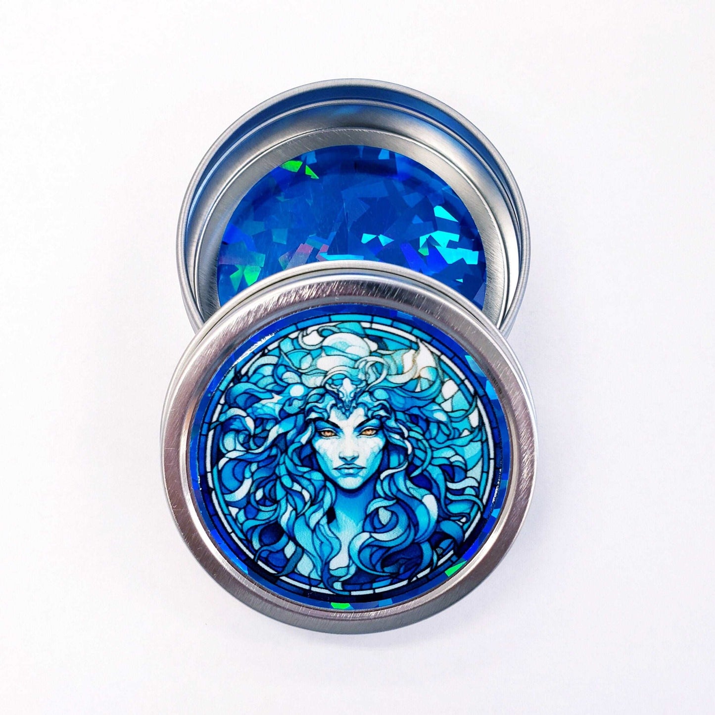 Medusa Gift Container. Small round metal tin with Medusa the mythological Greek goddess in blue graphics. Stocking Stuffer gift for her.