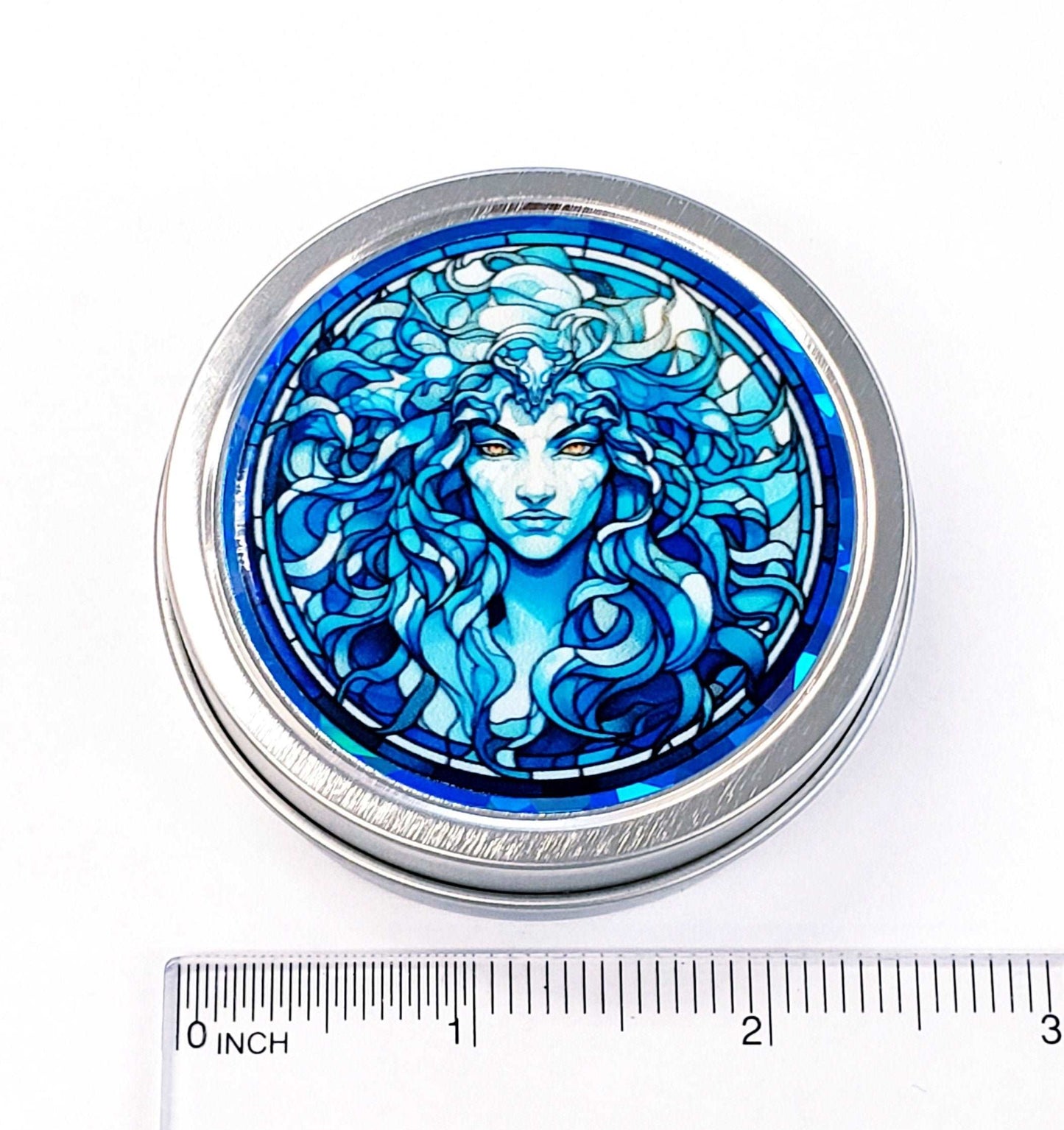 Medusa Gift Container. Small round metal tin with Medusa the mythological Greek goddess in blue graphics. Stocking Stuffer gift for her.