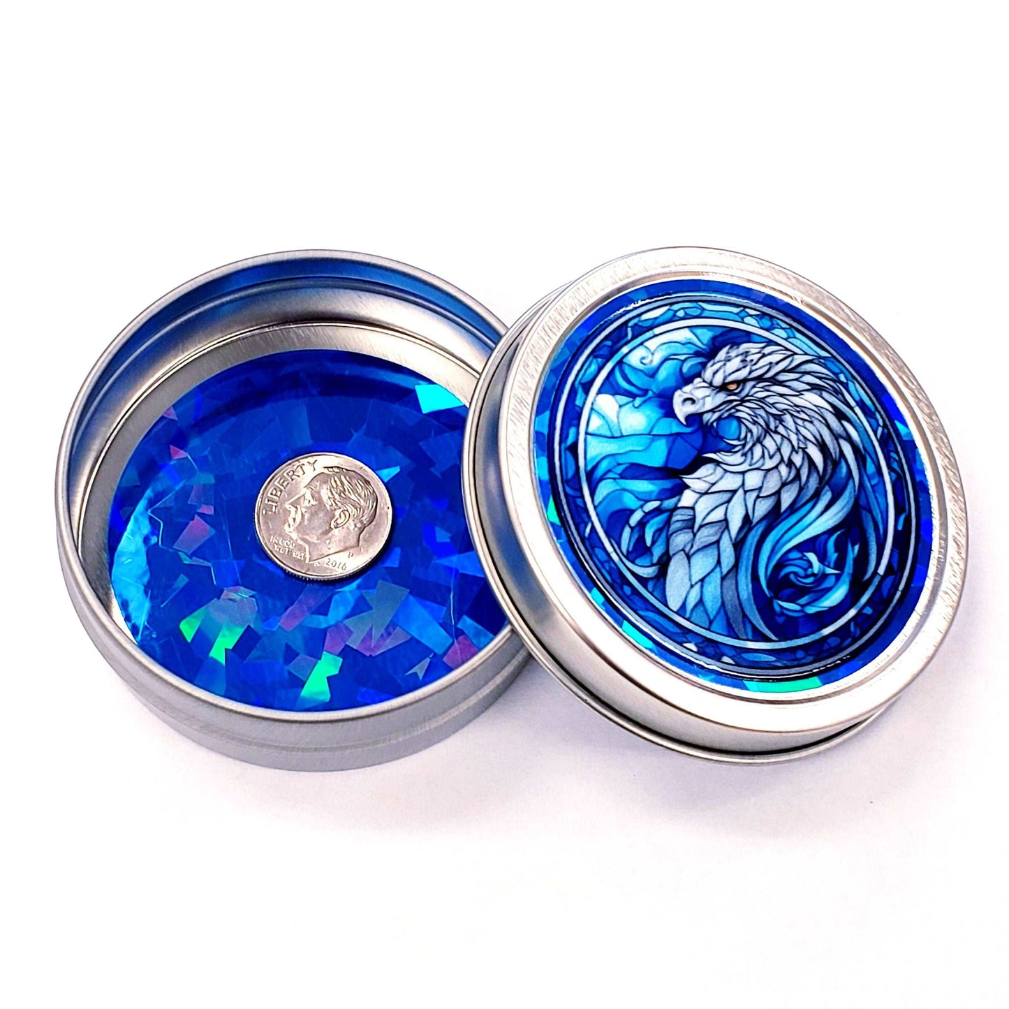Griffin Container. Small round metal tin with blue mythological griffin eagle graphics. Stocking stuffer gift.