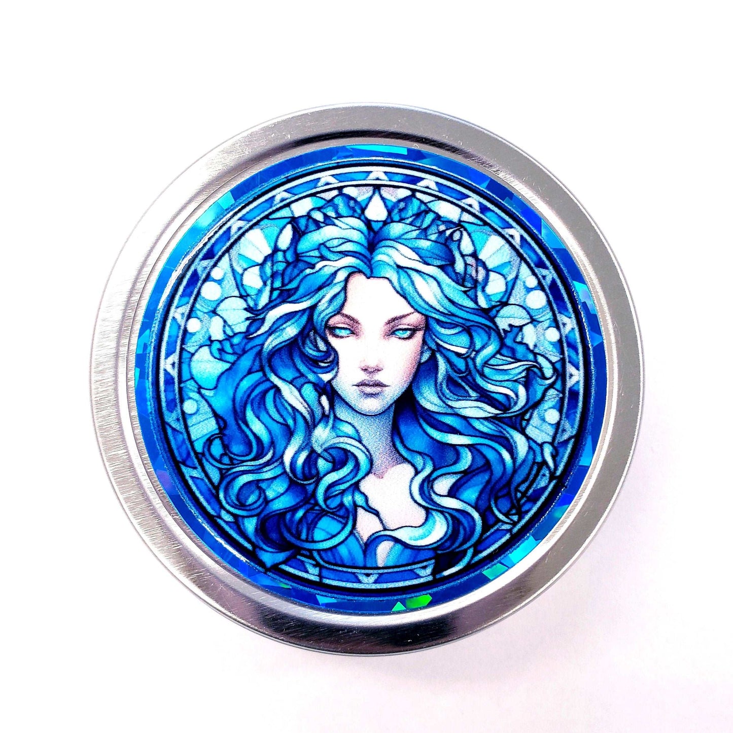 Goddess Gift Container. Small round metal tin with beautiful siren in blue graphics. Stocking Stuffer gift for her.