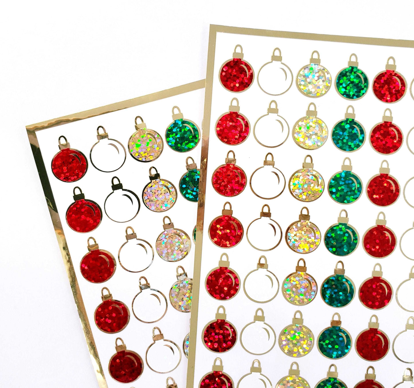 Christmas Ball Ornaments Sticker Sheet. Set of 64 small red green and gold vinyl decals for holiday cards, gift tags and advent calendars