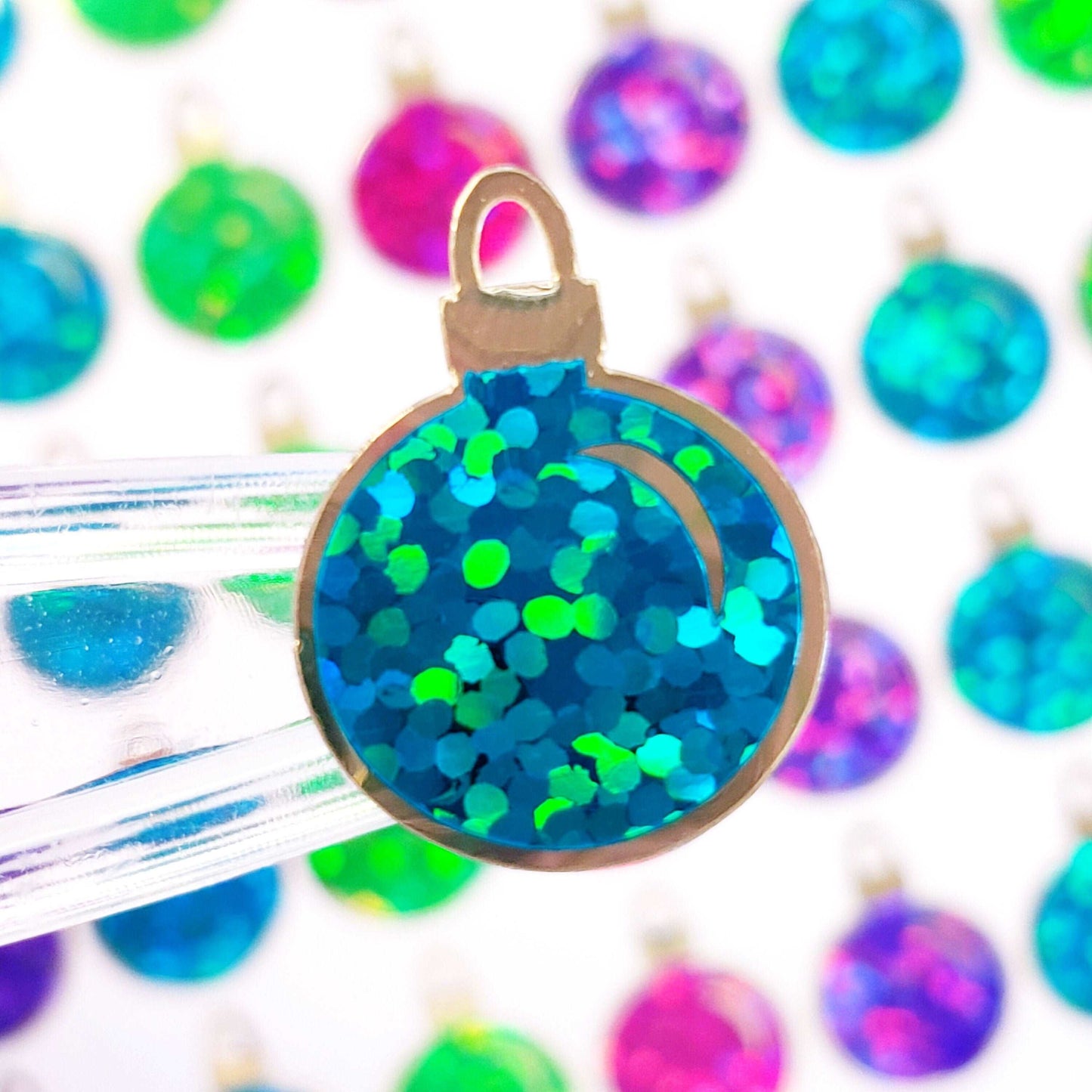 Christmas Ball Ornaments Sticker Sheet. Set of 64 small bright color balls with gold, vinyl decals for cards, gift tags and advent calendars