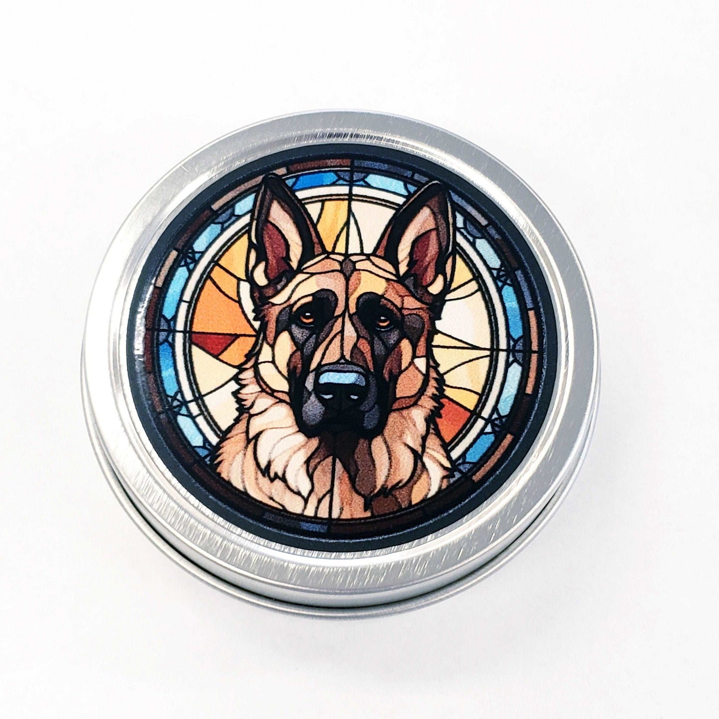 German Sheperd Gift Tin. Small round metal trinket container with sheperd dog graphics. Stocking Stuffer. Guitar Pick holder. Mints tin.