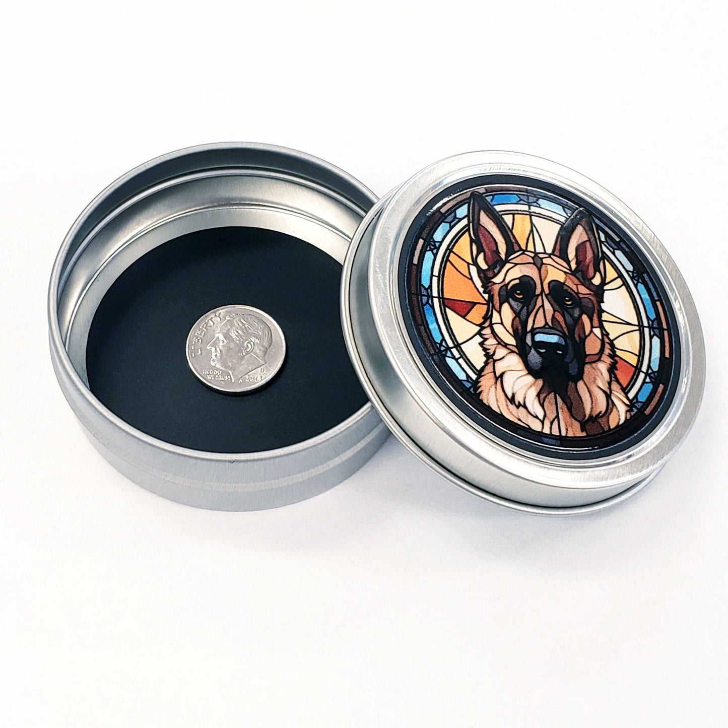 German Sheperd Gift Tin. Small round metal trinket container with sheperd dog graphics. Stocking Stuffer. Guitar Pick holder. Mints tin.